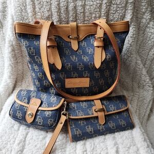 Dooney & Bourke Denim Blue and Tan Tote with Accessories
